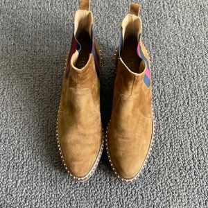 Cecilia suede boots with red and blue pull on and gold beading around the foot